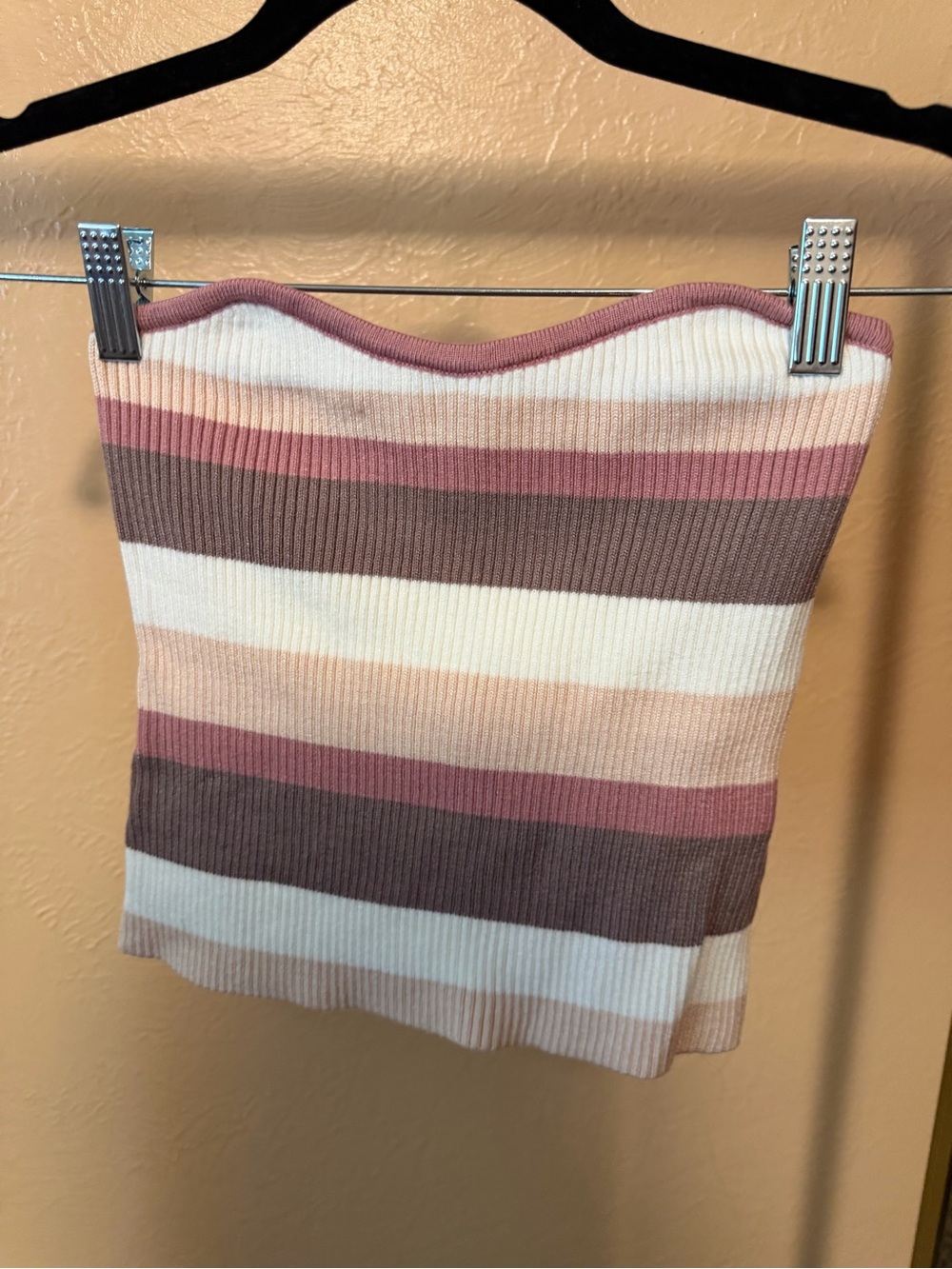 Striped Ribbed Strapless Crop Top - Pink Multi
